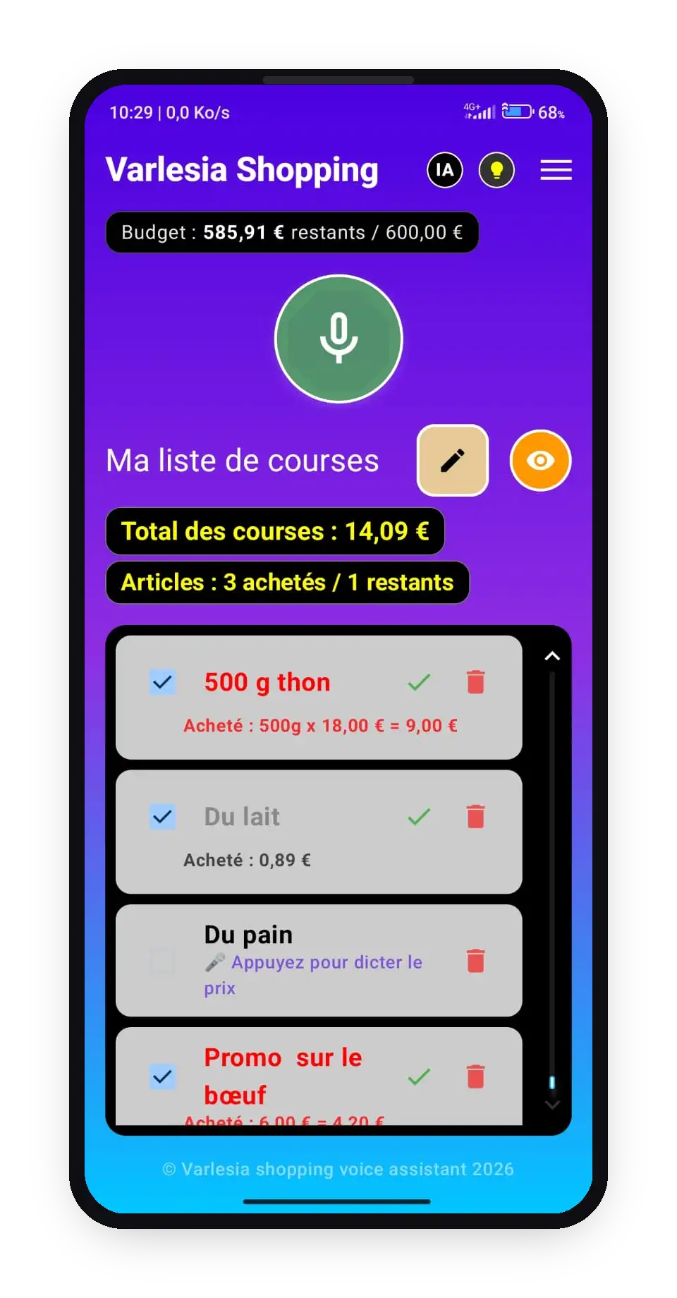 Écran Varlesia Shopping Voice : liste de courses avec budget restant, total et calcul détaillé du poids (500g de thon)
