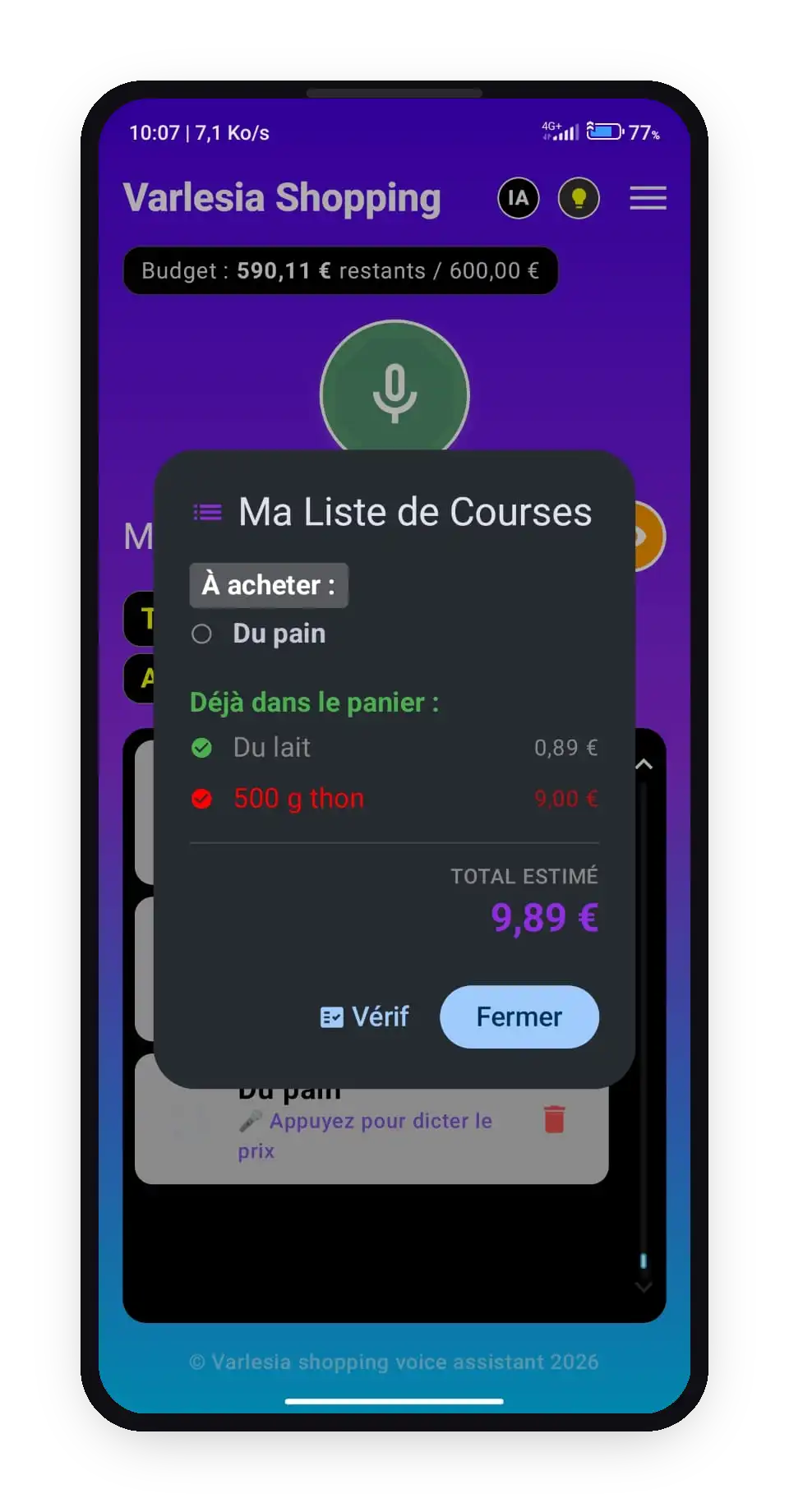 Écran Varlesia Shopping Voice : récapitulatif de la liste de courses avec articles restants, articles achetés et total estimé